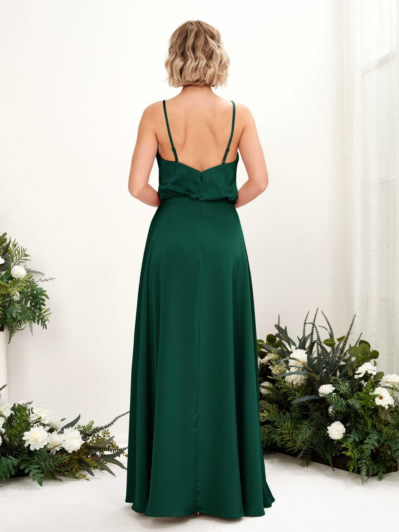 A-line Spaghetti-straps V-neck Satin Bridesmaid Dress - Hunter Green (80224529)#color_hunter-green