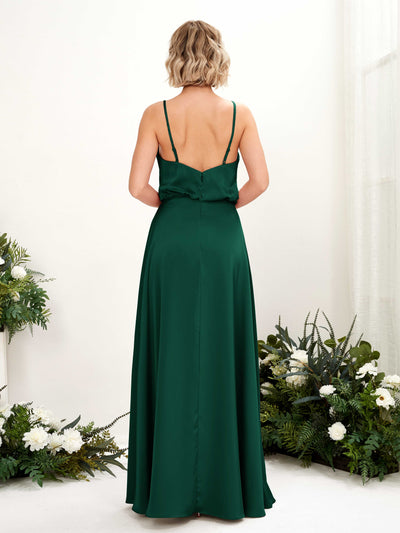 Carlyna Nora A-Line Hunter Green Satin Bridesmaid Dress Maxi Sleeveless V-Neck Dress #color_hunter-green