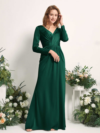 Carlyna Alicia Mermaid Hunter Green Satin Bridesmaid Dress Maxi Long Sleeve V-Neck Side View 2 #color_hunter-green