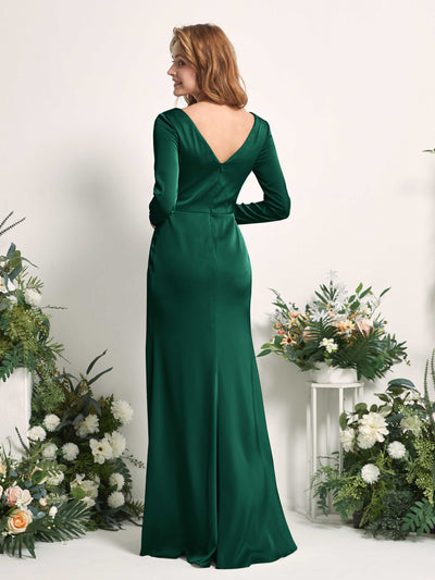 Carlyna Alicia Mermaid Hunter Green Satin Bridesmaid Dress Maxi Long Sleeve V-Neck Back View #color_hunter-green