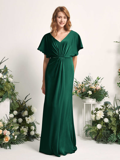 Carlyna Bailey A-Line Hunter Green Satin Bridesmaid Dress Maxi Cap Sleeve V-Neck Dress Front View #color_hunter-green