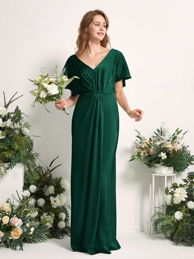 Carlyna Bailey A-Line Hunter Green Satin Bridesmaid Dress Maxi Cap Sleeve V-Neck Dress Side View 2 #color_hunter-green