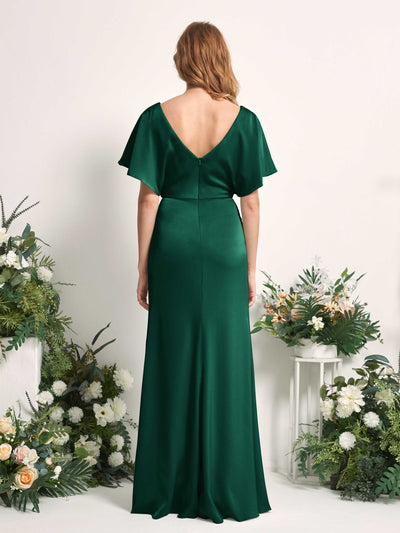 Carlyna Bailey A-Line Hunter Green Satin Bridesmaid Dress Maxi Cap Sleeve V-Neck Dress Back View #color_hunter-green