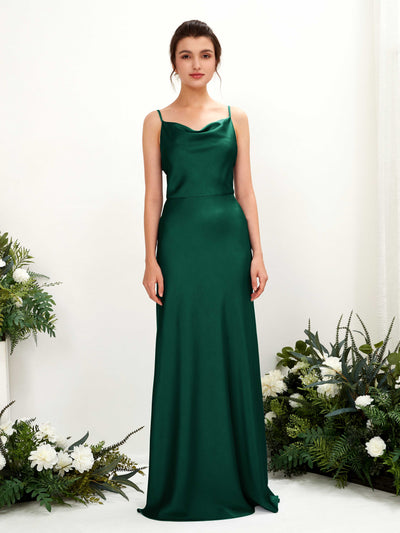 Carlyna Flora A-Line Hunter Green Satin Bridesmaid Dress Maxi Sleeveless Cowl Neck Dress Front View #color_hunter-green