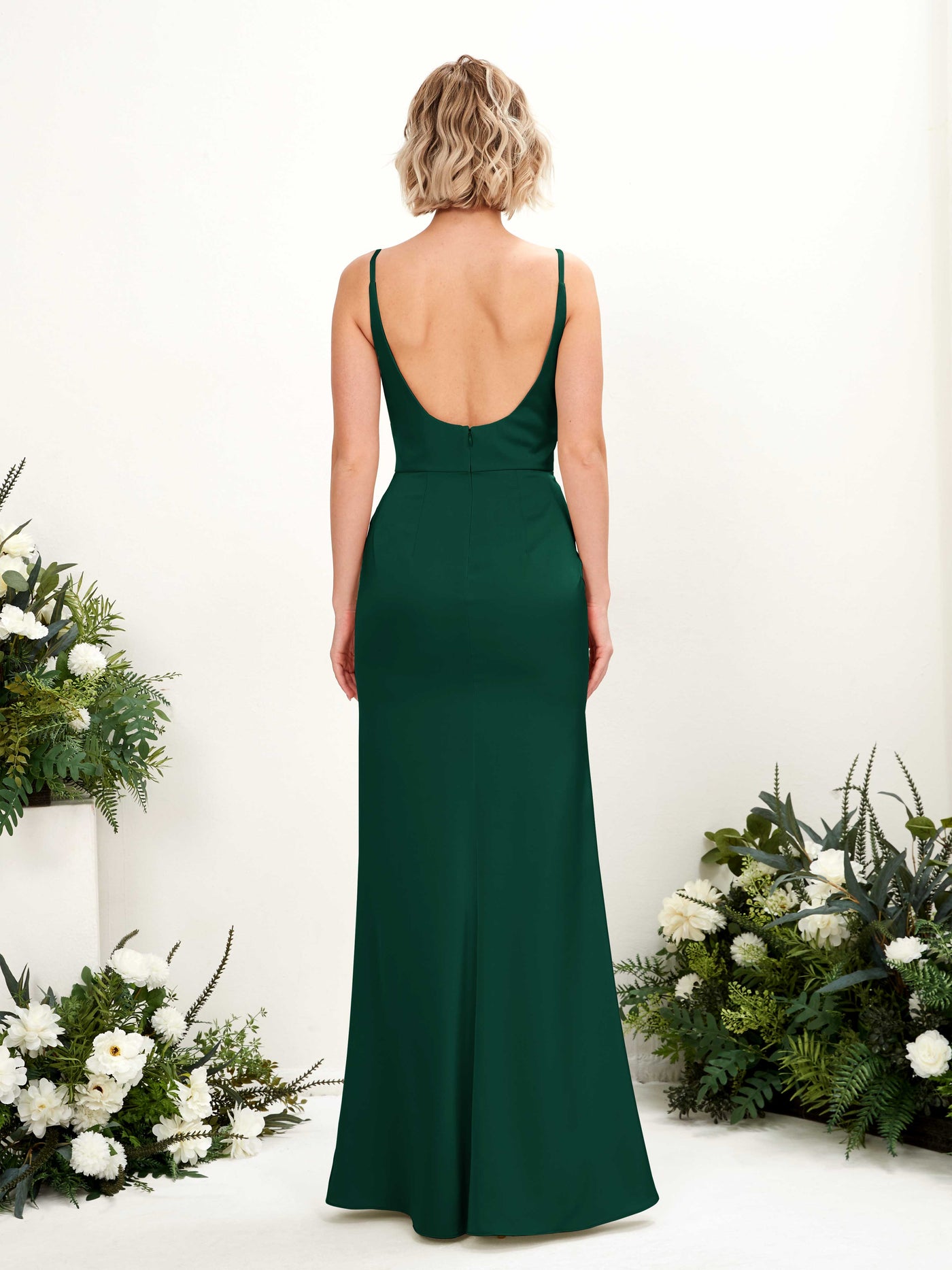 Spaghetti-straps V-neck Sleeveless Satin Bridesmaid Dress - Hunter Green (80220729)#color_hunter-green