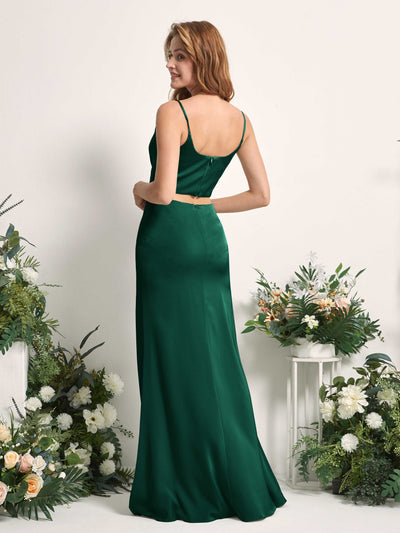 Carlyna Felicity Two-Piece Hunter Green Satin Bridesmaid Dress Maxi Sleeveless Cowl Neck Dress Back View #color_hunter-green