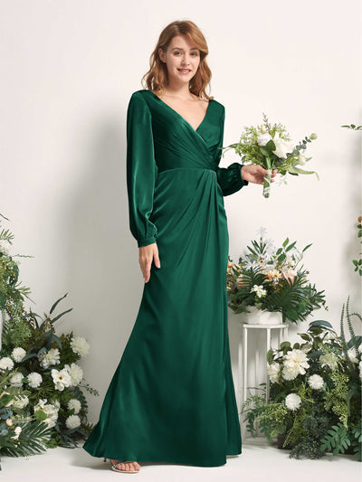 Carlyna Taylor Mermaid Hunter Green Satin Bridesmaid Dress Maxi Long Sleeve V-Neck  #color_hunter-green