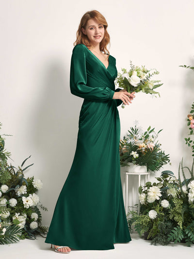 Carlyna Taylor Mermaid Hunter Green Satin Bridesmaid Dress Maxi Long Sleeve V-Neck  #color_hunter-green