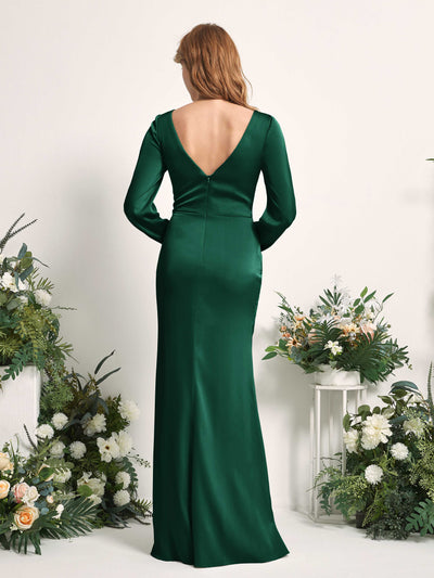 Carlyna Taylor Mermaid Hunter Green Satin Bridesmaid Dress Maxi Long Sleeve V-Neck  #color_hunter-green