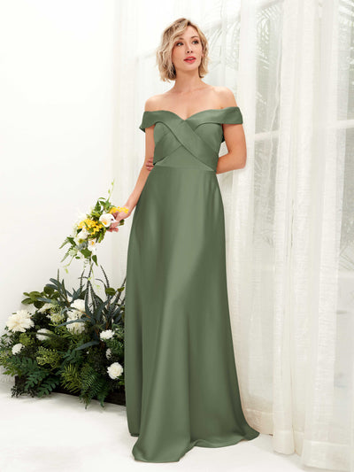 Carlyna Chloe A-Line Green Olive Satin Bridesmaid Dress Maxi Sleeveless Sweetheart Dress Front View #color_green-olive