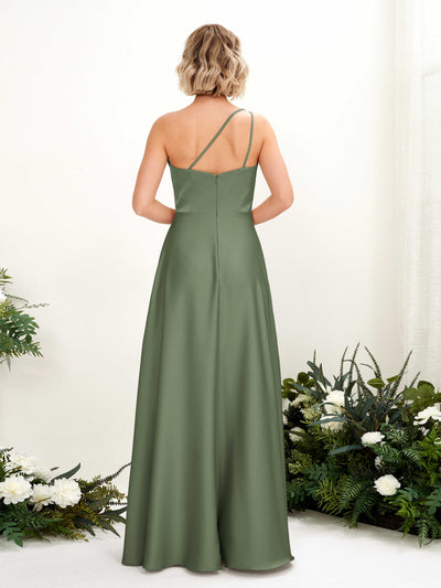 Carlyna Dinah A-Line Green Olive Satin Bridesmaid Dress Maxi Sleeveless One Shoulder Dress Back View #color_green-olive