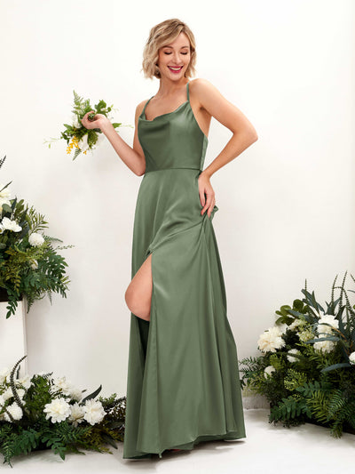 Carlyna Nydia A-Line Green Olive Satin Bridesmaid Dress Maxi Sleeveless Cowl Neck Dress #color_green-olive