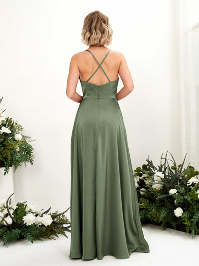 Carlyna Nydia A-Line Green Olive Satin Bridesmaid Dress Maxi Sleeveless Cowl Neck Dress #color_green-olive