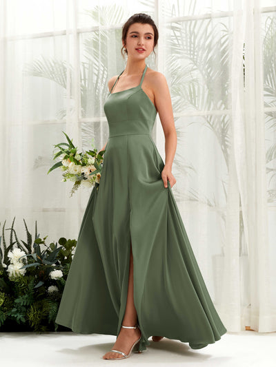 Carlyna Jocelyn A-Line Green Olive Satin Bridesmaid Dress Maxi Sleeveless Halter Dress #color_green-olive