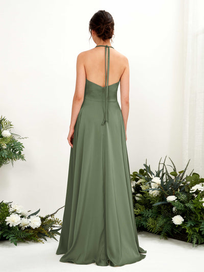 Carlyna Jocelyn A-Line Green Olive Satin Bridesmaid Dress Maxi Sleeveless Halter Dress #color_green-olive