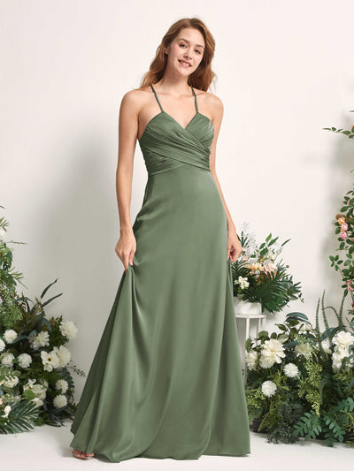 Carlyna Allison A-Line Green Olive Satin Bridesmaid Dress Maxi Sleeveless V-Neck Dress Side View 2 #color_green-olive