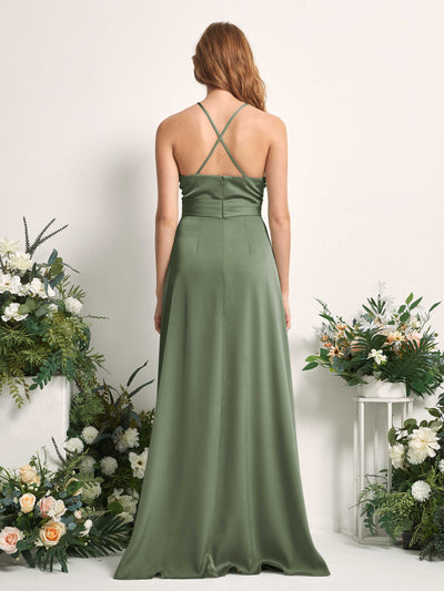 Carlyna Allison A-Line Green Olive Satin Bridesmaid Dress Maxi Sleeveless V-Neck Dress Back View #color_green-olive