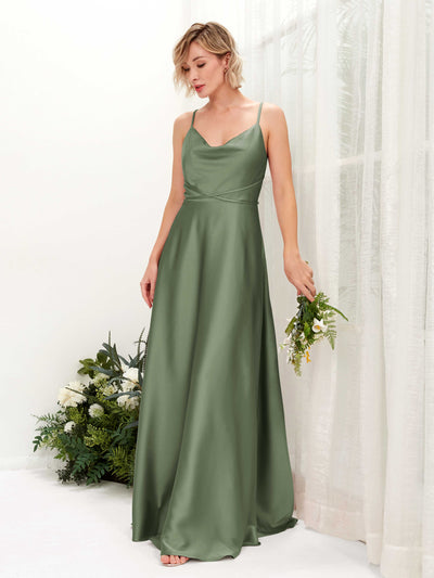 Carlyna Wallis A-Line Green Olive Satin Bridesmaid Dress Maxi Sleeveless Cowl Neck Dress #color_green-olive