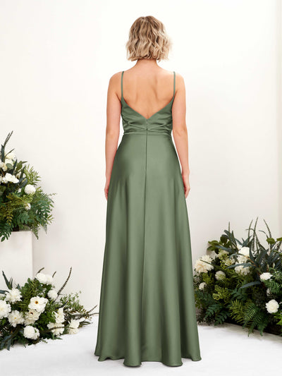 Carlyna Wallis A-Line Green Olive Satin Bridesmaid Dress Maxi Sleeveless Cowl Neck Dress #color_green-olive