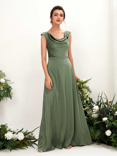 Carlyna Irma A-Line Green Olive Satin Bridesmaid Dress Maxi Sleeveless Cowl Neck Dress Front View #color_green-olive