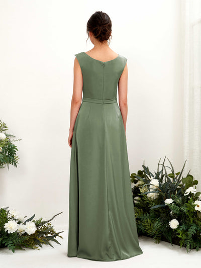 Carlyna Irma A-Line Green Olive Satin Bridesmaid Dress Maxi Sleeveless Cowl Neck Dress Back View #color_green-olive