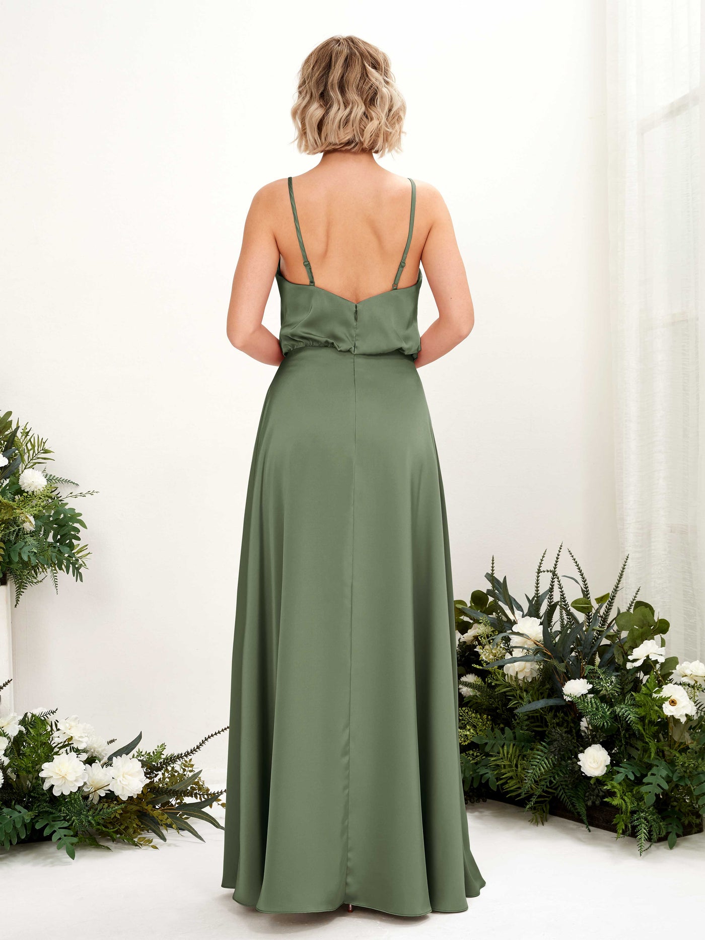 A-line Spaghetti-straps V-neck Satin Bridesmaid Dress - Green Olive (80224570)#color_green-olive
