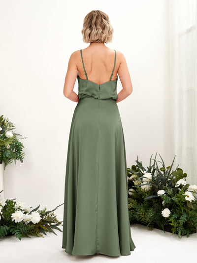 Carlyna Nora A-Line Green Olive Satin Bridesmaid Dress Maxi Sleeveless V-Neck Dress #color_green-olive