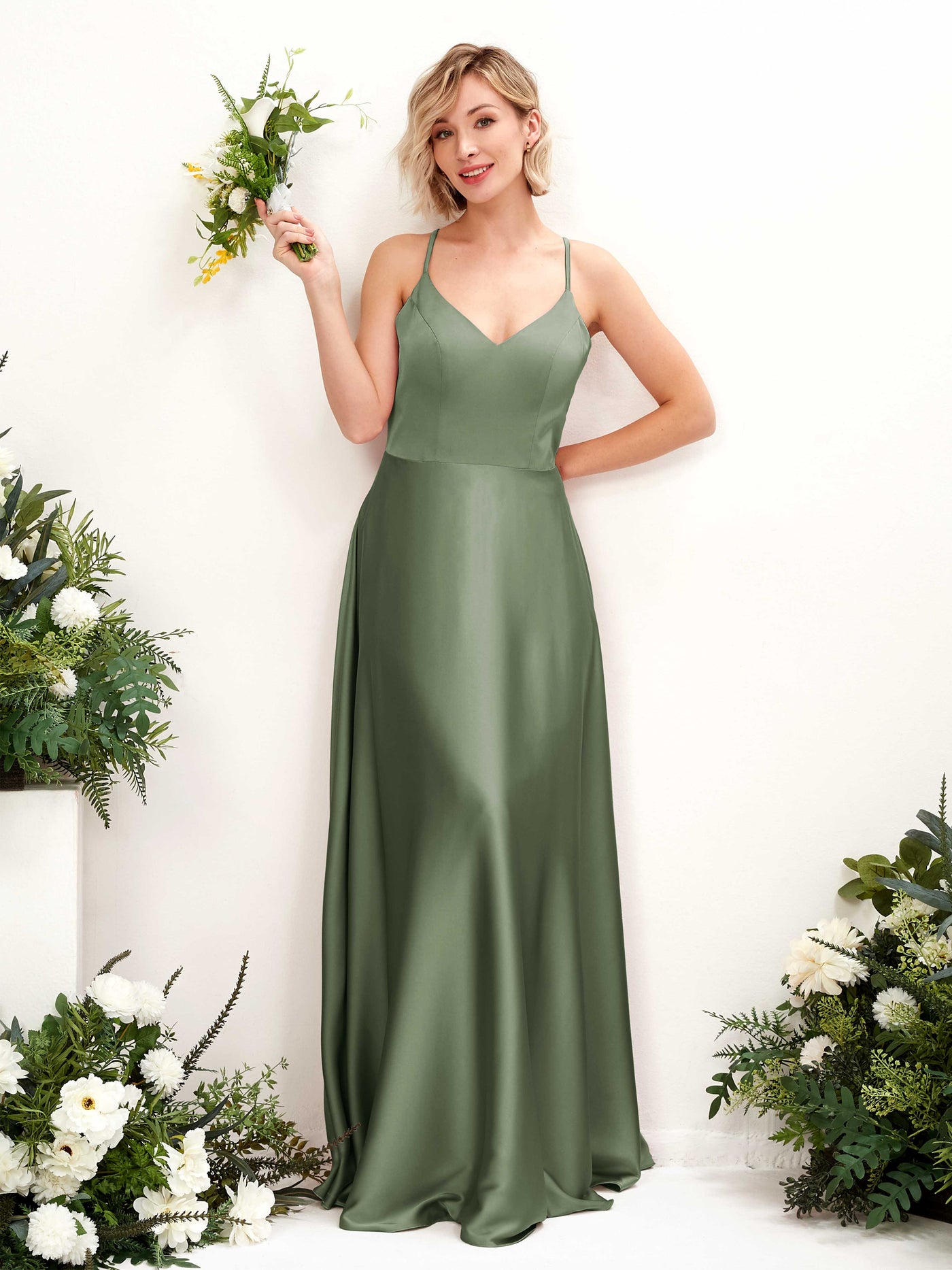 A-line Straps V-neck Satin Bridesmaid Dress - Green Olive (80224870)#color_green-olive