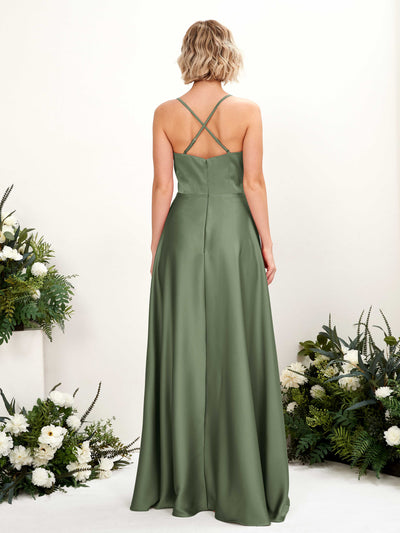 Carlyna Lenoya A-Line Green Olive Satin Bridesmaid Dress Maxi Sleeveless V-Neck Dress #color_green-olive
