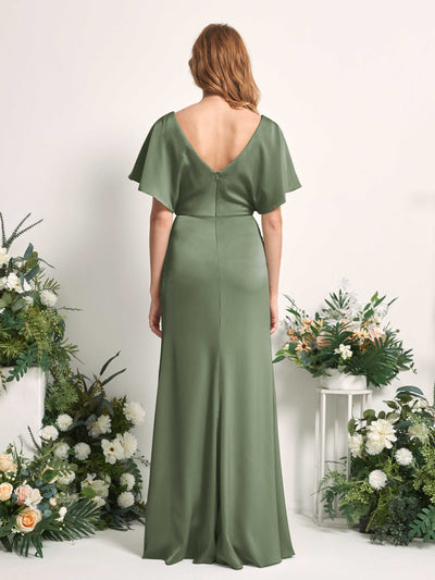 Carlyna Bailey A-Line Green Olive Satin Bridesmaid Dress Maxi Cap Sleeve V-Neck Dress Back View #color_green-olive