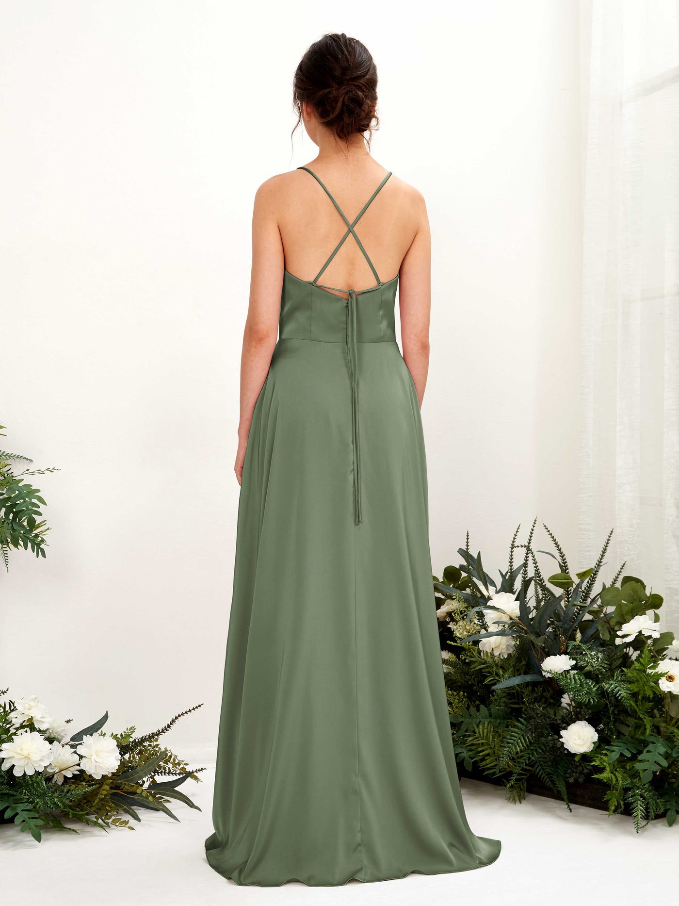Ball Gown Straps Sleeveless Satin Bridesmaid Dress - Green Olive (80221170)#color_green-olive
