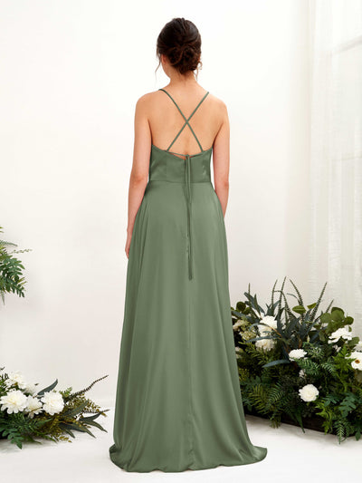 Carlyna Theresa A-Line Green Olive Satin Bridesmaid Dress Maxi Sleeveless Cowl Neck Dress #color_green-olive