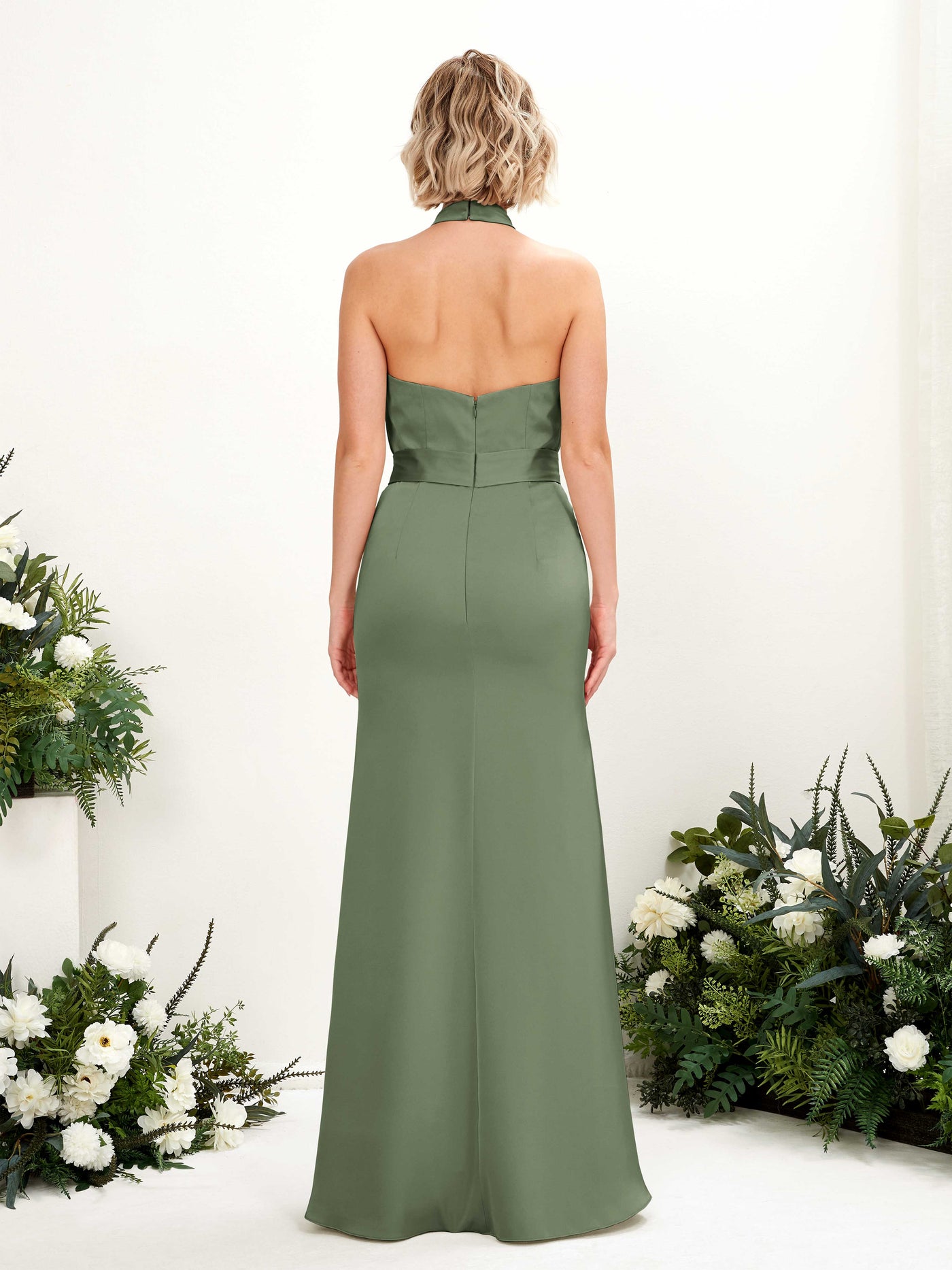 Halter Satin Bridesmaid Dress - Green Olive (80224970)#color_green-olive