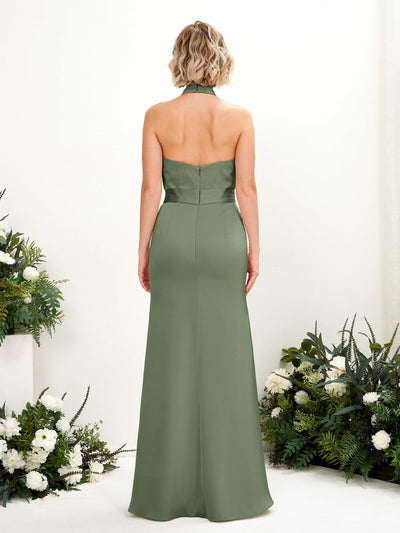 Carlyna Edwina Mermaid Green Olive Satin Bridesmaid Dress Maxi Sleeveless Halter Dress Back View #color_green-olive