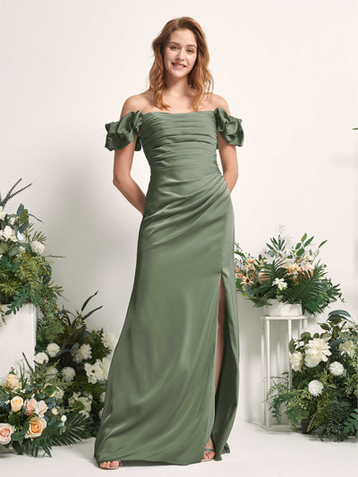 Carlyna Bianca Sheath Green Olive Satin Bridesmaid Dress Maxi Sleeveless Cowl Neck Dress Front View #color_green-olive