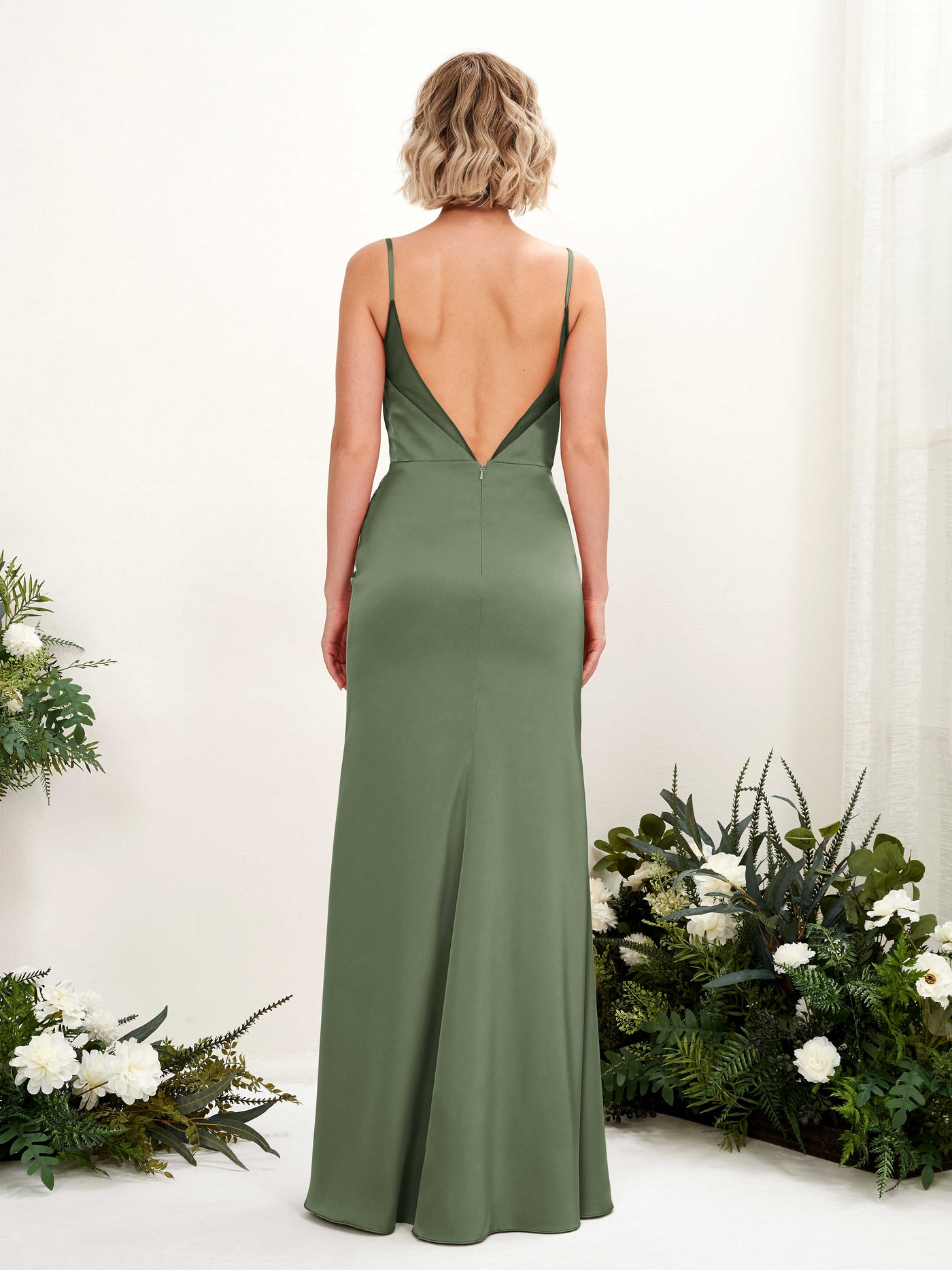 Spaghetti-straps Satin Bridesmaid Dress - Green Olive (80222670)#color_green-olive