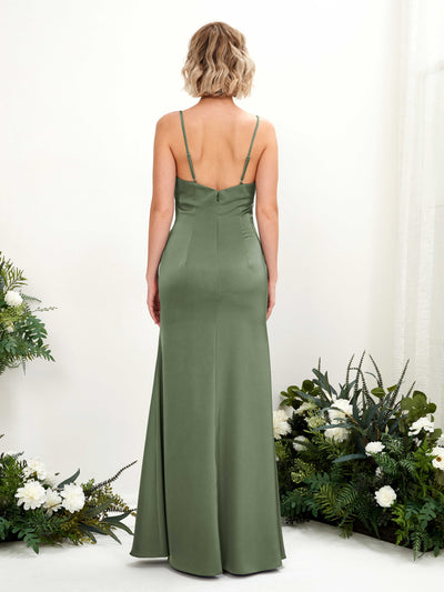Carlyna Gloria Mermaid Green Olive Satin Bridesmaid Dress Maxi Sleeveless Cowl Neck Dress Back View #color_green-olive