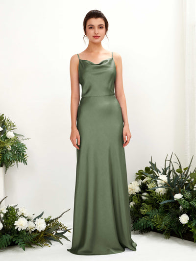 Carlyna Flora A-Line Green Olive Satin Bridesmaid Dress Maxi Sleeveless Cowl Neck Dress Front View #color_green-olive