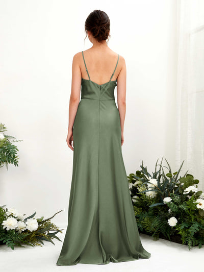 Carlyna Flora A-Line Green Olive Satin Bridesmaid Dress Maxi Sleeveless Cowl Neck Dress Back View #color_green-olive