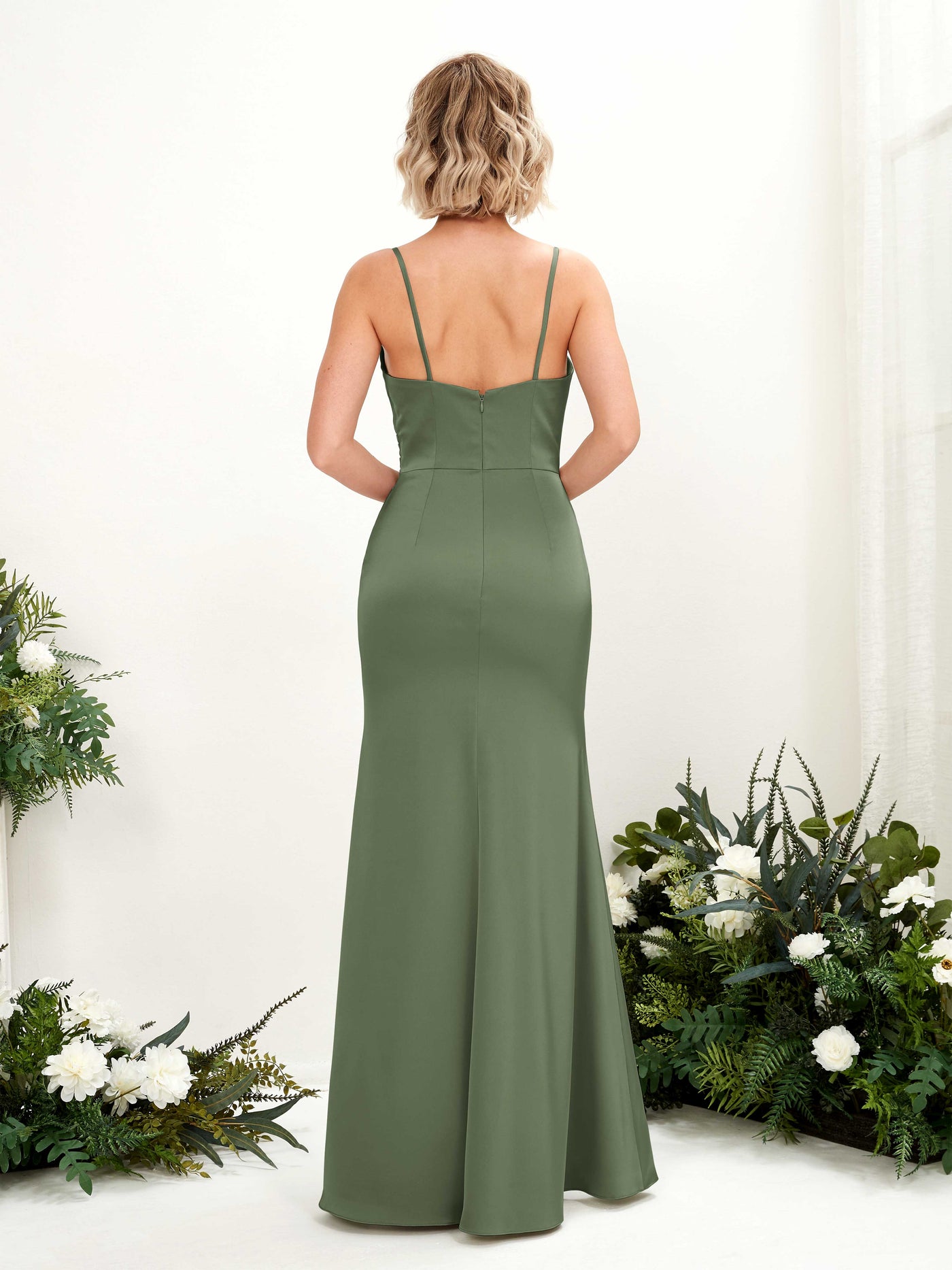 Spaghetti-straps Sweetheart Satin Bridesmaid Dress - Green Olive (80223270)#color_green-olive
