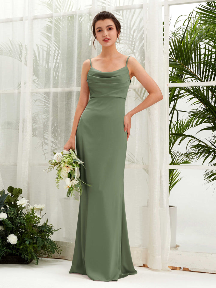 Green Olive Satin Bridesmaid Dress Cowl Neck Maxi with Ruched – Carlyna UK £99.00