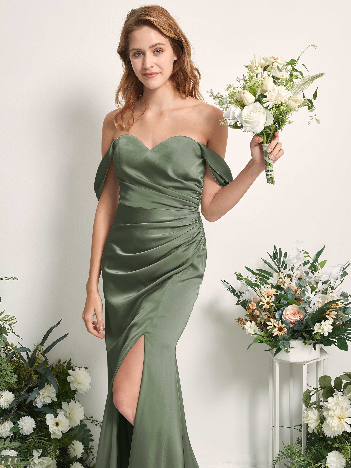 Green Olive Satin Bridesmaid Dress Mermaid Off the Shoulder Maxi with