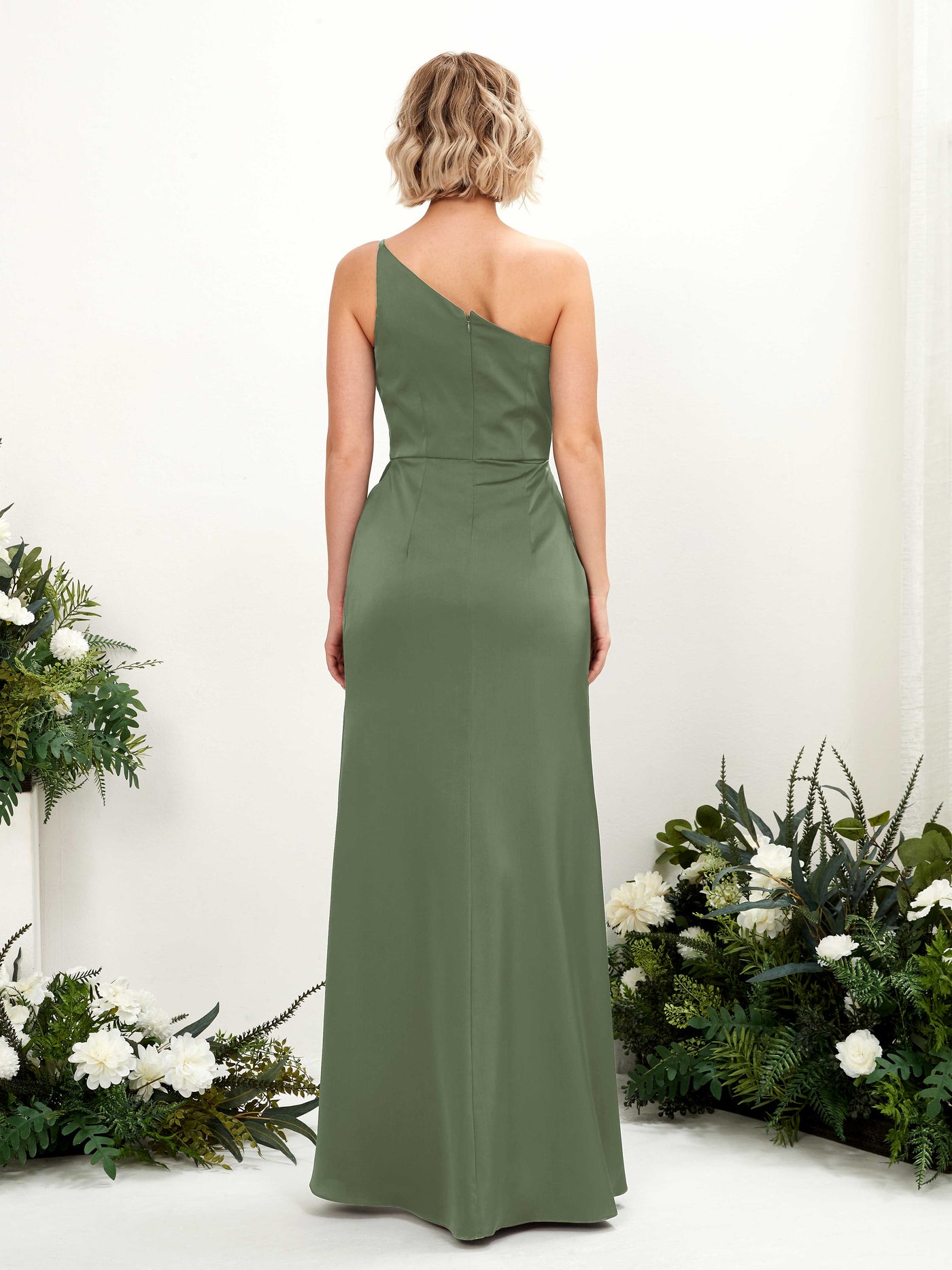 One Shoulder Sleeveless Satin Bridesmaid Dress - Green Olive (80220570)#color_green-olive