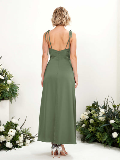 Carlyna Viola Sheath Green Olive Satin Bridesmaid Dress Midi Sleeveless Cowl Neck Dress #color_green-olive