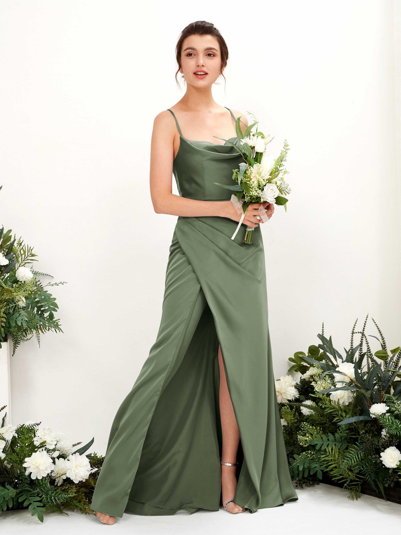 Straps Sleeveless Satin Bridesmaid Dress - Green Olive (80222470)#color_green-olive