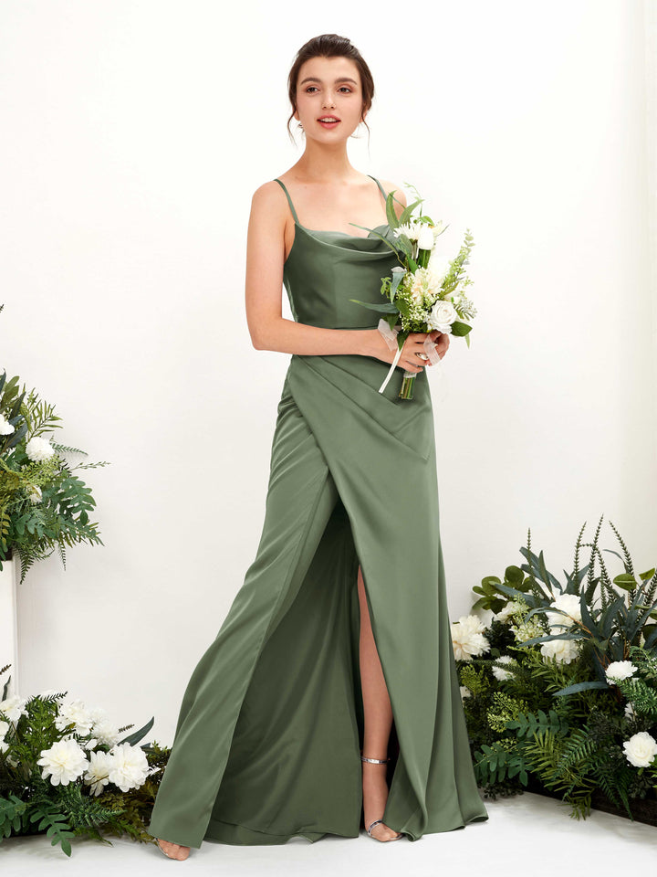 Green Olive Satin Bridesmaid Dress Cowl Neck Maxi with Ruched Leg Slit Carlyna UK 99.00 Green Olive Satin Bridesmaid Dress Cowl Neck Maxi with Ruched Leg Slit Carlyna UK 99.00