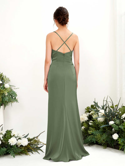 Carlyna Mavis Slim Green Olive Satin Bridesmaid Dress Maxi Sleeveless Cowl Neck Dress #color_green-olive