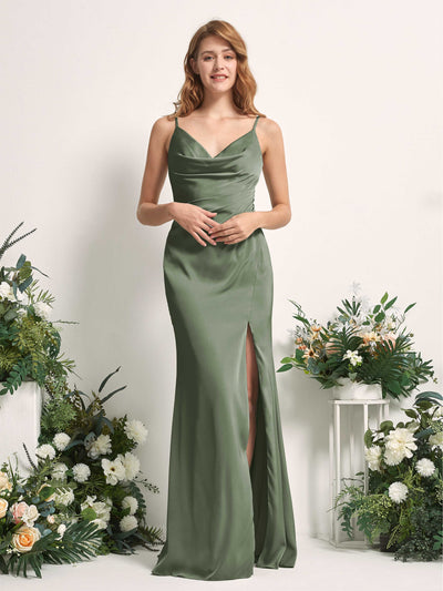 Carlyna Hayley Mermaid Green Olive Satin Bridesmaid Dress Maxi Sleeveless V-Neck Dress Front View #color_green-olive