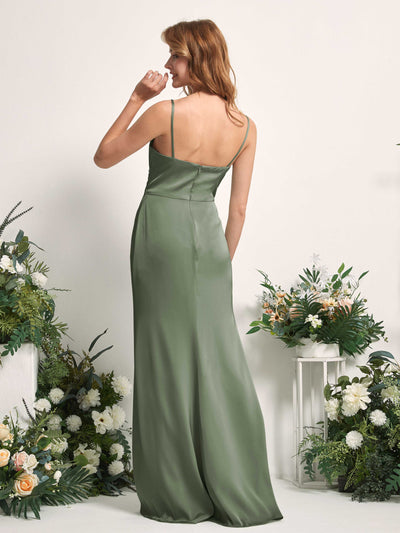 Carlyna Hayley Mermaid Green Olive Satin Bridesmaid Dress Maxi Sleeveless V-Neck Dress Back View #color_green-olive