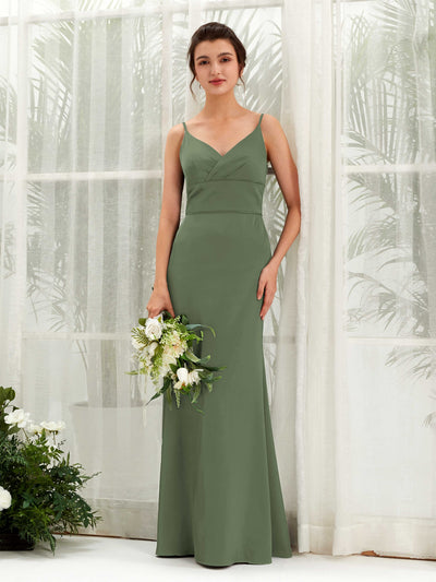 Carlyna Kama Mermaid Green Olive Satin Bridesmaid Dress Maxi Sleeveless V-Neck Dress #color_green-olive